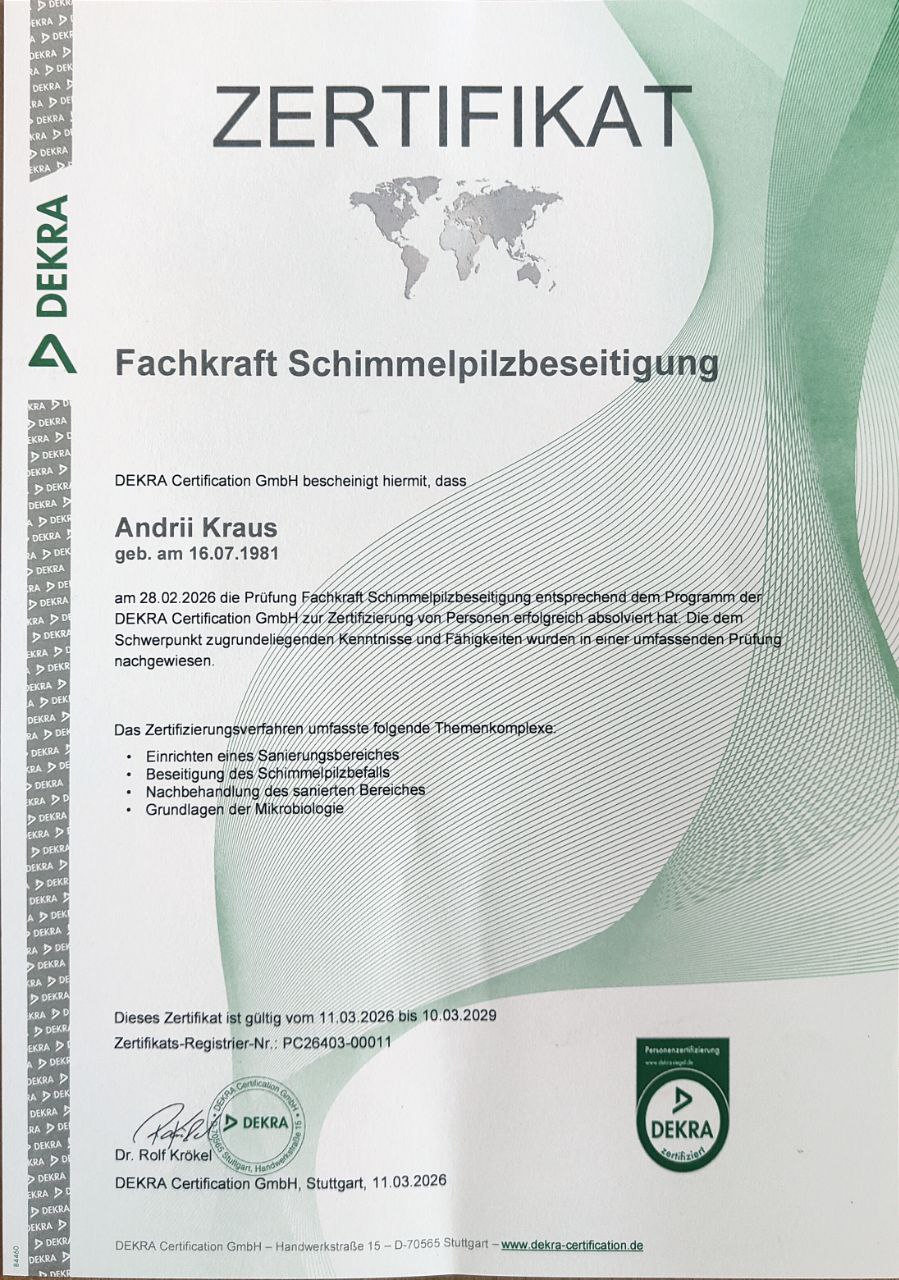 DEKRA Zertifikat - Fachkraft Schimmelpilzbeseitigung